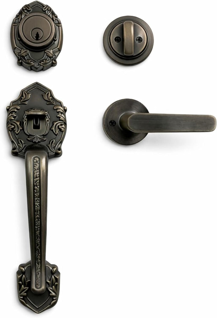 Juego de herrajes para puerta delantera Luna con manija y cerrojo. Estilo europeo. Latón antiguo.