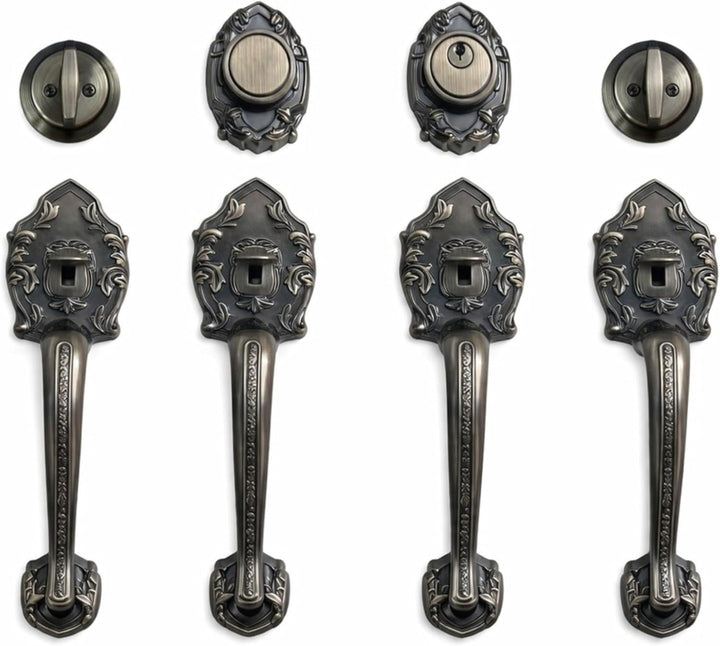 Juego de herrajes para puerta doble delantera Luna, juego de cerraduras de puerta de doble entrada de alta resistencia (con llave y ficticia) con manijas de agarre exteriores e interiores y cerrojo, reversible, latón antiguo
