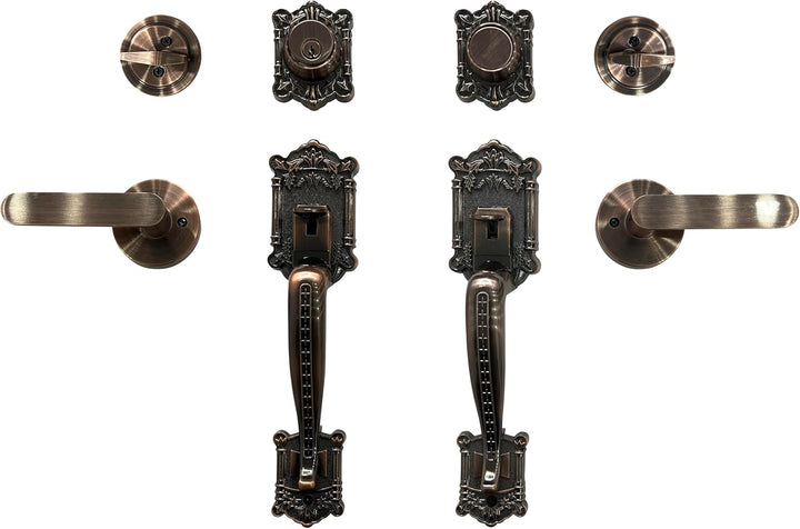 Zita Double Front Door Hardware Set, Grip Entry Door Lock Set with Lever Handle and deadbolt, Antique Copper