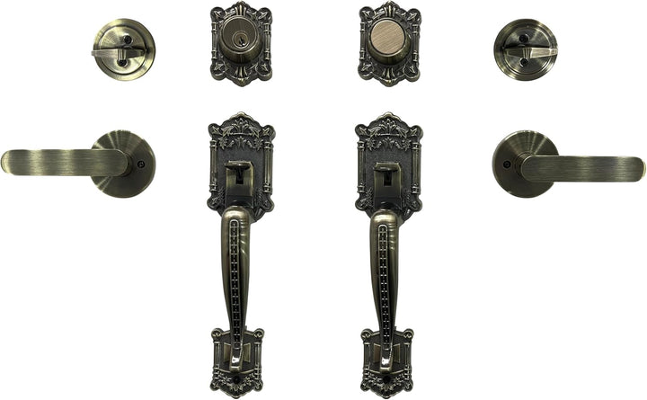 Zita Double Front Door Hardware Set, Grip Entry Door Lock Set with Lever Handle and deadbolt, Antique Brass