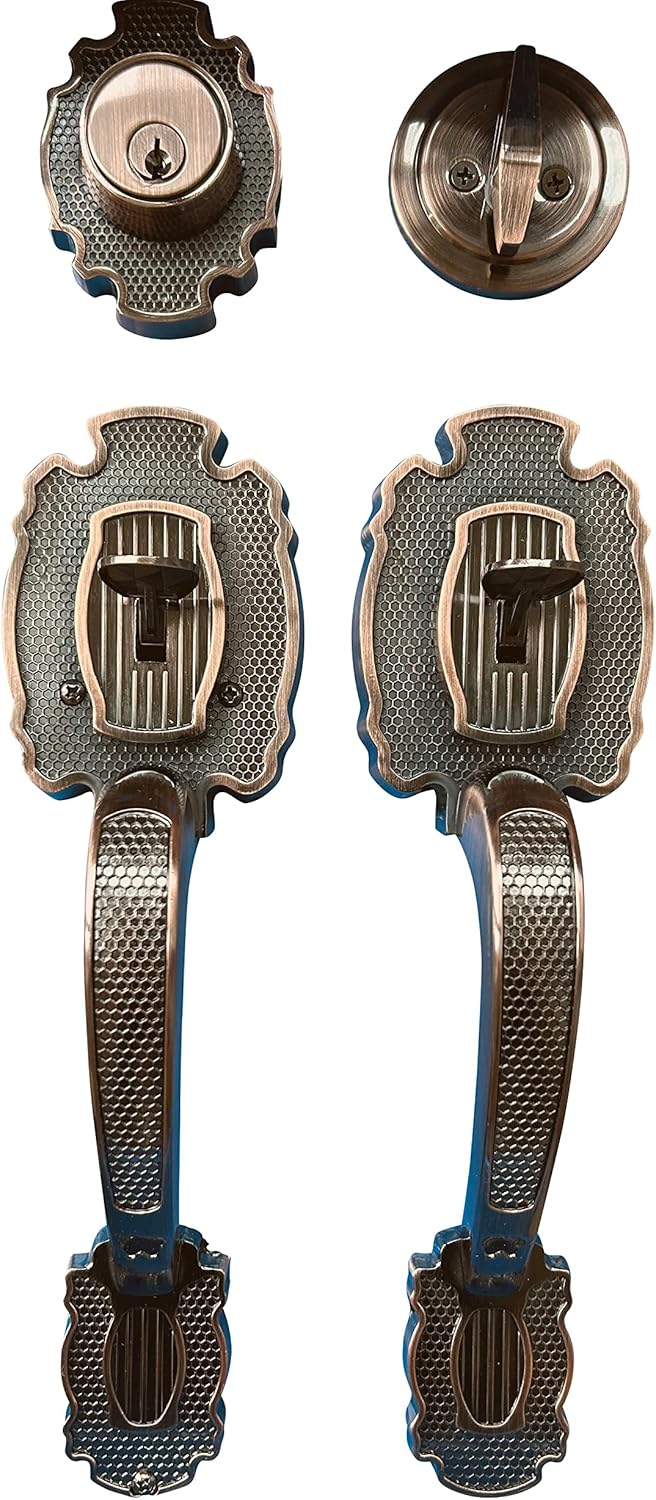 Mara_G Juego de herrajes para puerta delantera simple, juego de cerradura para puerta de entrada de alta resistencia con manijas exteriores e interiores y cerrojo, acabado cobre antiguo