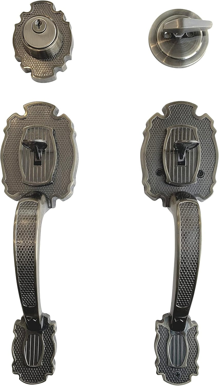 MARA G4U Tirador de Puerta Delantera Simple, Juego de Cerradura de Entrada con Tirador Interior y Exterior y Cerrojo. Se adapta a Puertas Exteriores Estándar. Acabado de Latón Antiguo