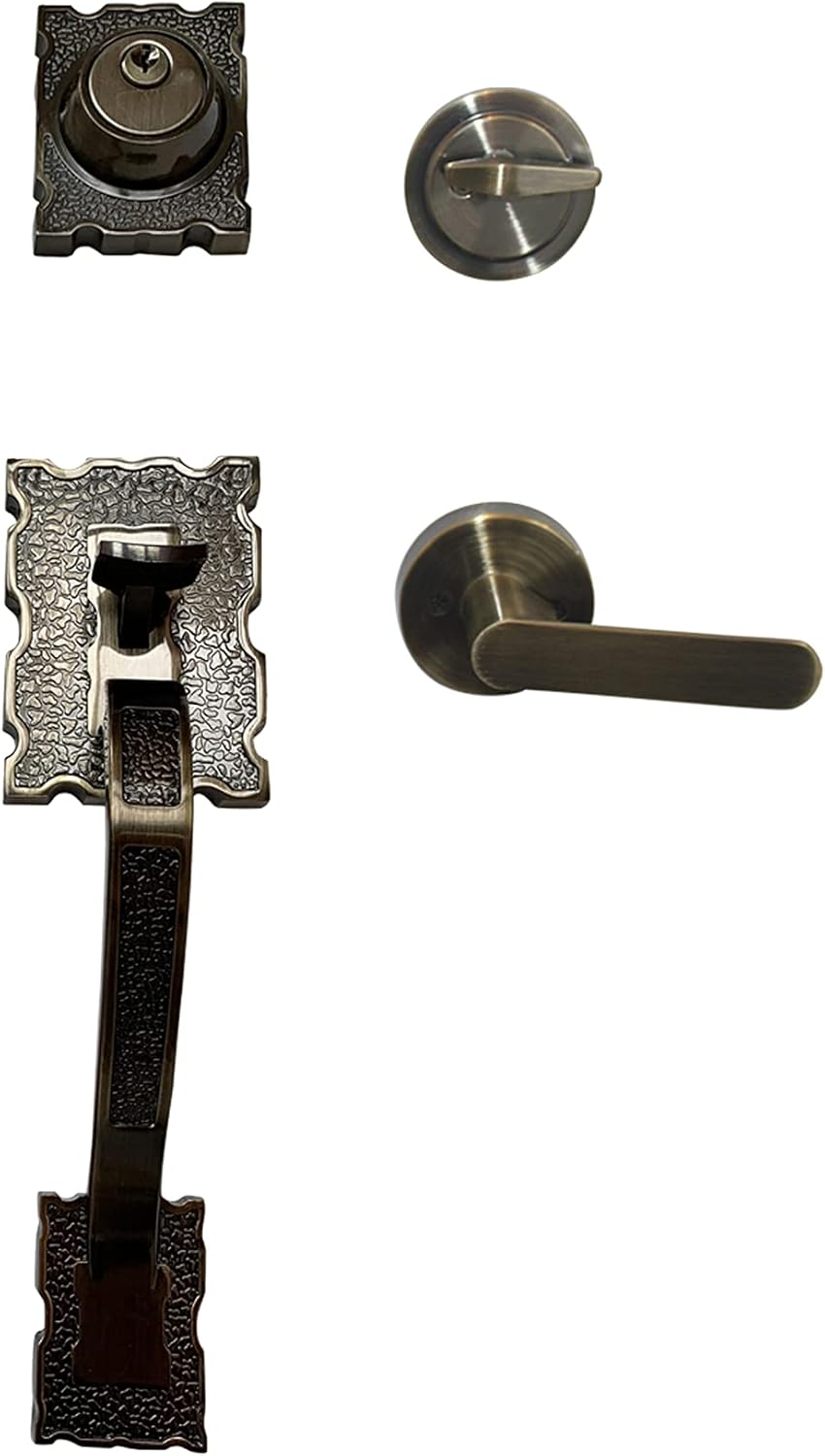 LOCKSET4U Reversible Front Door Hardware Set LAMA with Lever Handle Set and deadbolt, European Style, Antique Brass