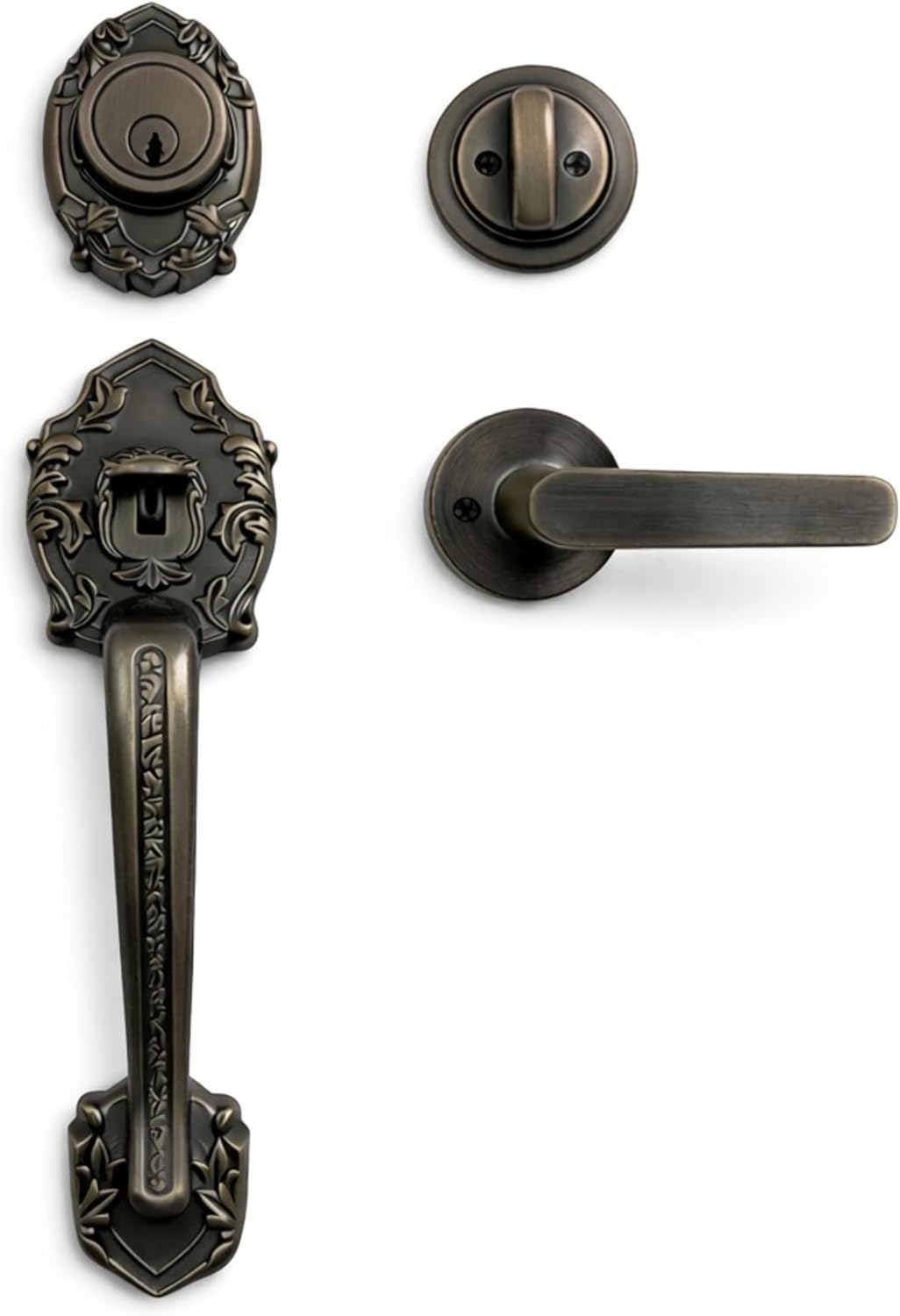 Single Front Door Hardware Set Luna with Lever Handle and deadbolt. European Style. Antique Brass.