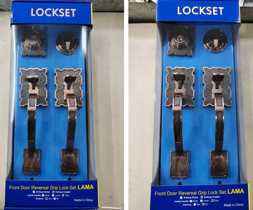 Double Front Door Hardware Set LAMA, Heavy Duty Entry Double (Keyed and Dummy) Door with Exterior and Interior Grip Handles and deadbolt, Reversible, Antique Copper