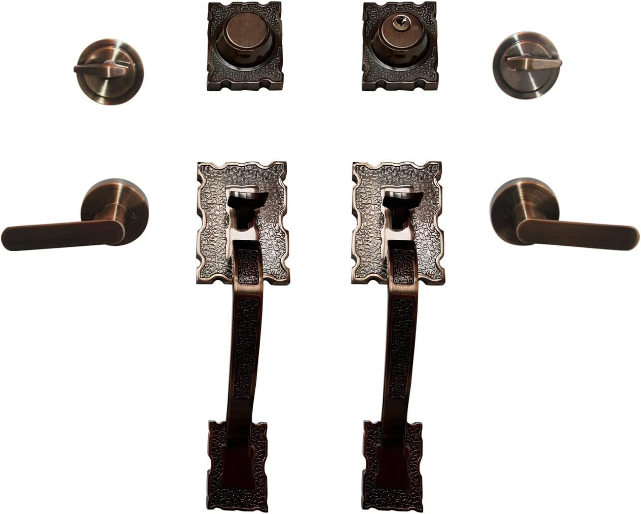 Double Reversal Front Door Hardware Set LAMA, Heavy Duty Grip Entry Double Door with Lever Handle Set and deadbolt, European Style, Antique Copper