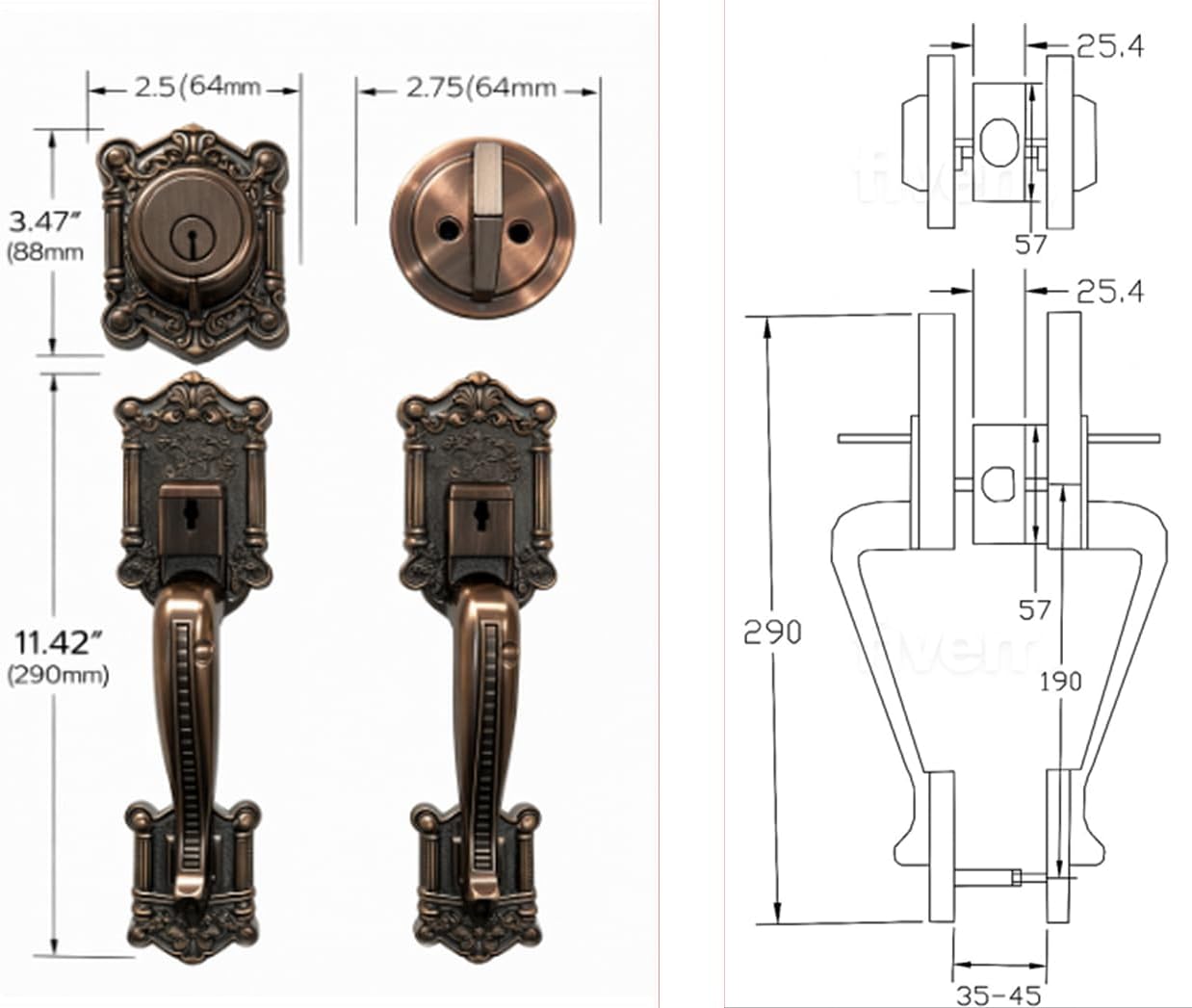 Zita Single Front Door Hardware Set, Grip Entry Door Lock Set with Grip Handle and deadbolt, Antique Copper