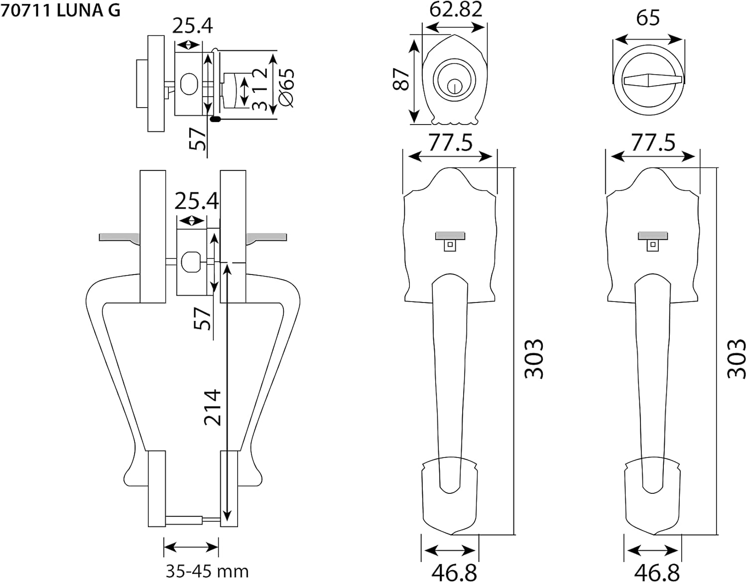 Double Front Door Hardware Set Luna, Heavy Duty Entry Double (Keyed and Dummy) Door Lock Set with Exterior and Interior Grip Handles and deadbolt, Reversible, Antique Copper