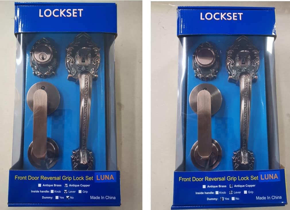 Double Reversal Front Door Hardware Set Luna, Heavy Duty Grip Entry Double Door Lock Set with Lever Handle Set and deadbolt, European Style, Antique Brass