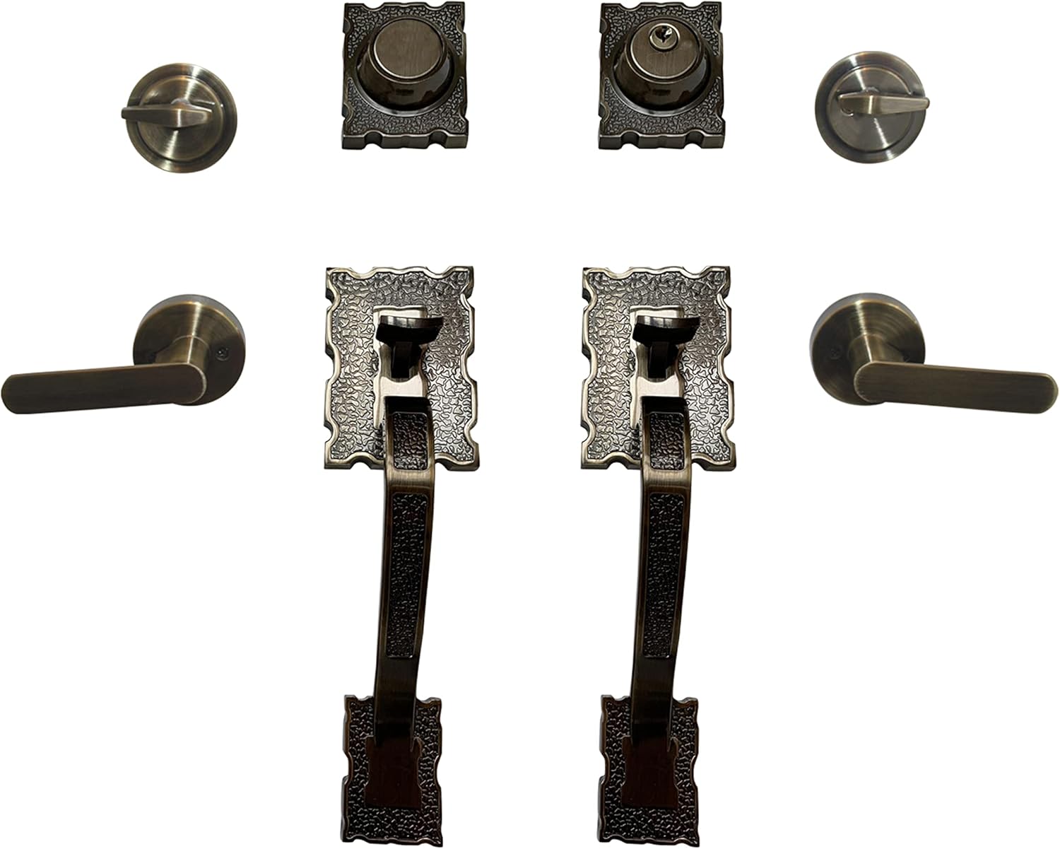 Double Reversal Front Door Hardware Set LAMA, Heavy Duty Grip Entry Double Door with Lever Handle Set and deadbolt, European Style, Antique Brass