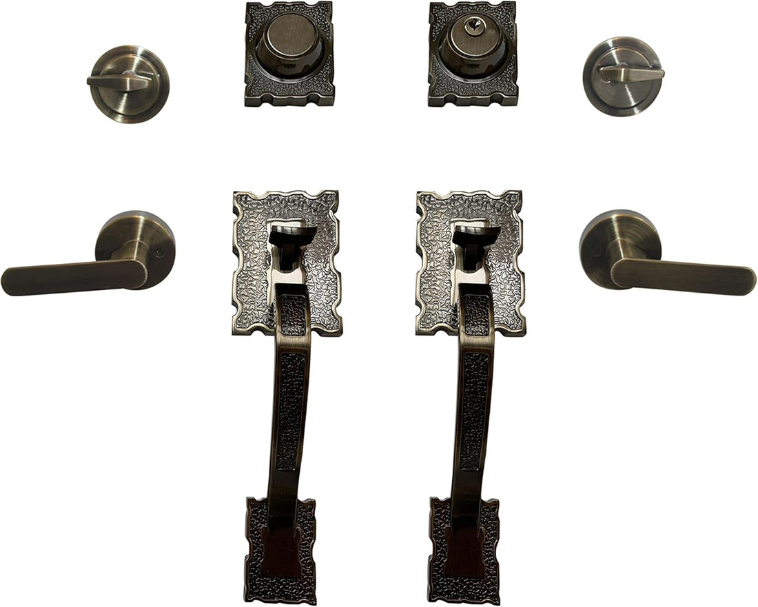 Double Reversal Front Door Hardware Set LAMA, Heavy Duty Grip Entry Double Door with Lever Handle Set and deadbolt, European Style, Antique Brass