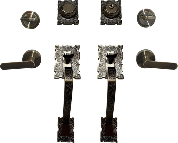 Manilla Lama de doble inversión para puerta frontal, entrada de doble puerta de agarre de servicio pesado con juego de manijas de palanca y cerrojo, estilo europeo, latón antiguo