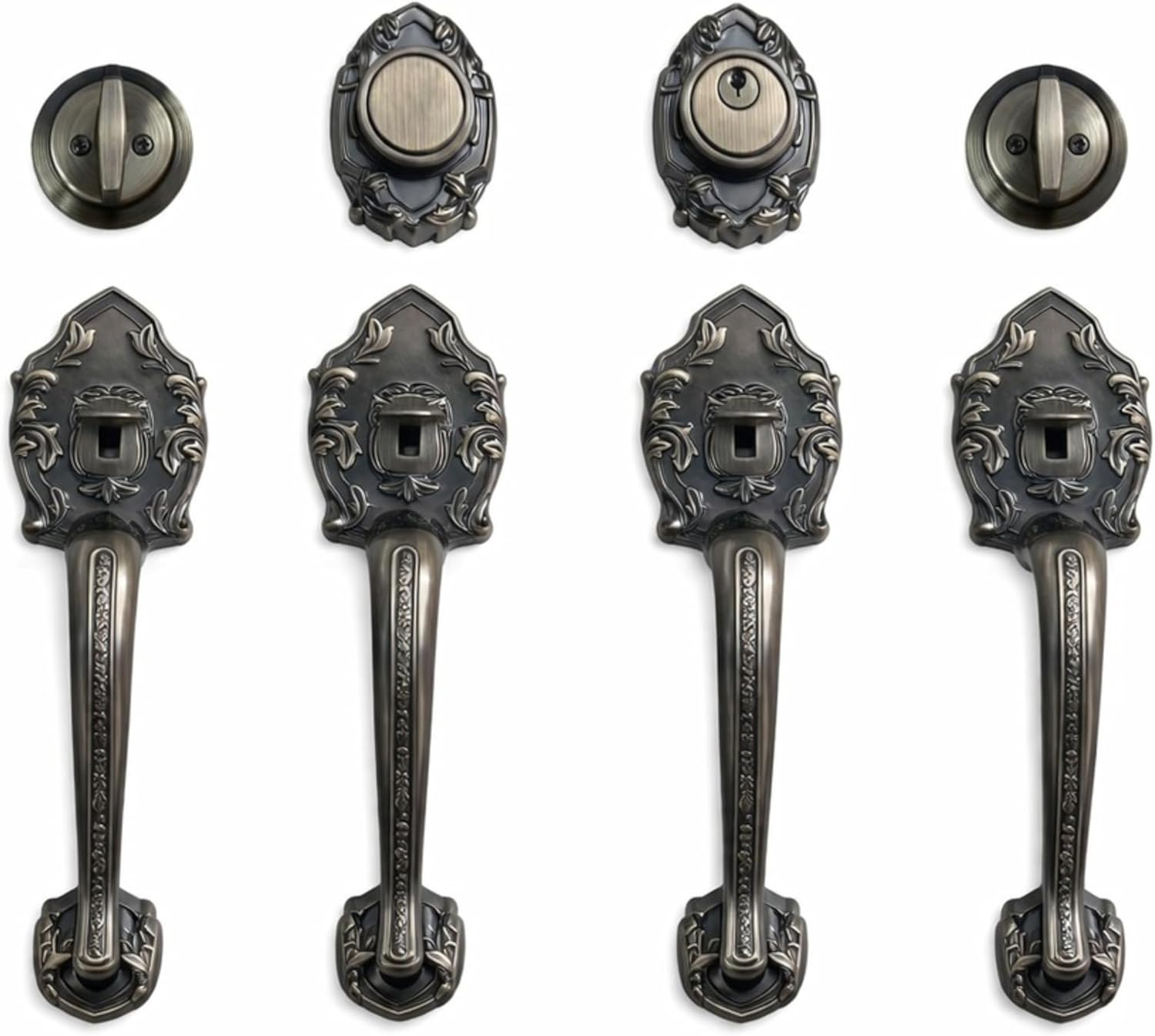 Double Front Door Hardware Set Luna, Heavy Duty Entry Double (Keyed and Dummy) Door Lock Set with Exterior and Interior Grip Handles and deadbolt, Reversible, Antique Brass