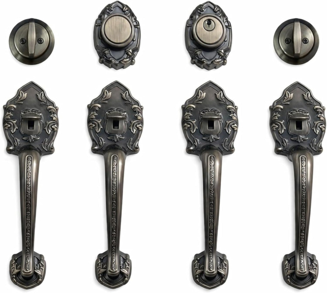 Double Front Door Hardware Set Luna, Heavy Duty Entry Double (Keyed and Dummy) Door Lock Set with Exterior and Interior Grip Handles and deadbolt, Reversible, Antique Brass