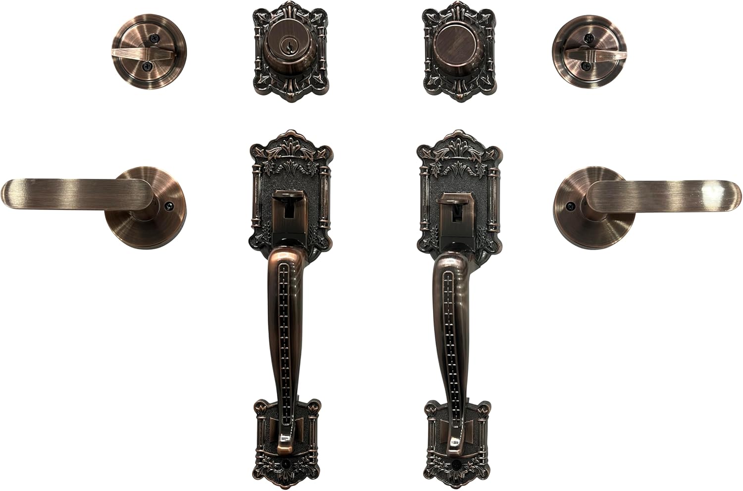 Zita Double Front Door Hardware Set, Grip Entry Door Lock Set with Lever Handle and deadbolt, Antique Copper