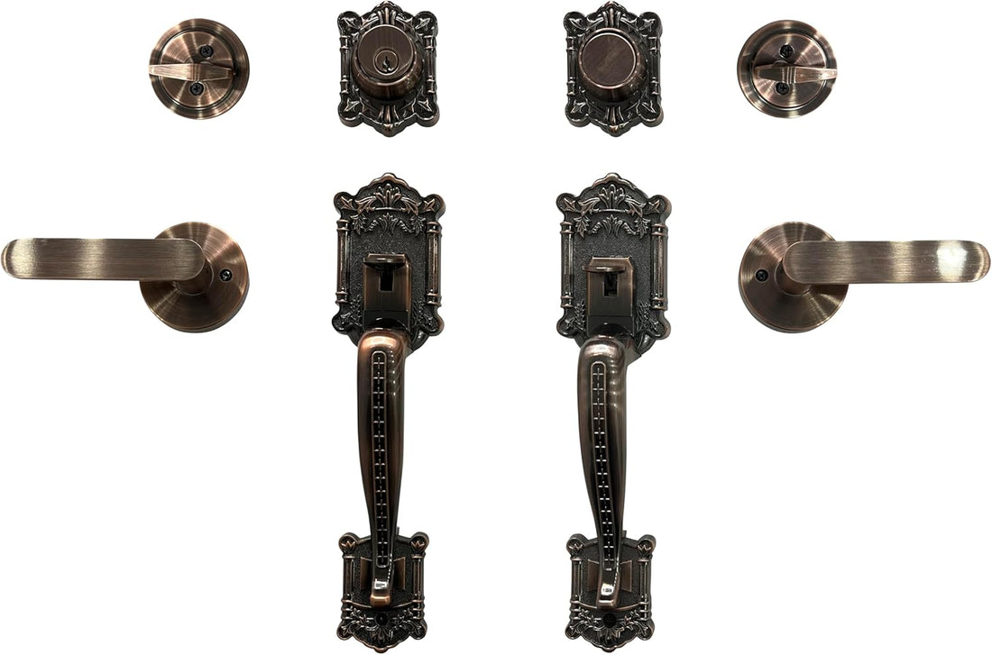 Zita Double Front Door Hardware Set, Grip Entry Door Lock Set with Lever Handle and deadbolt, Antique Copper