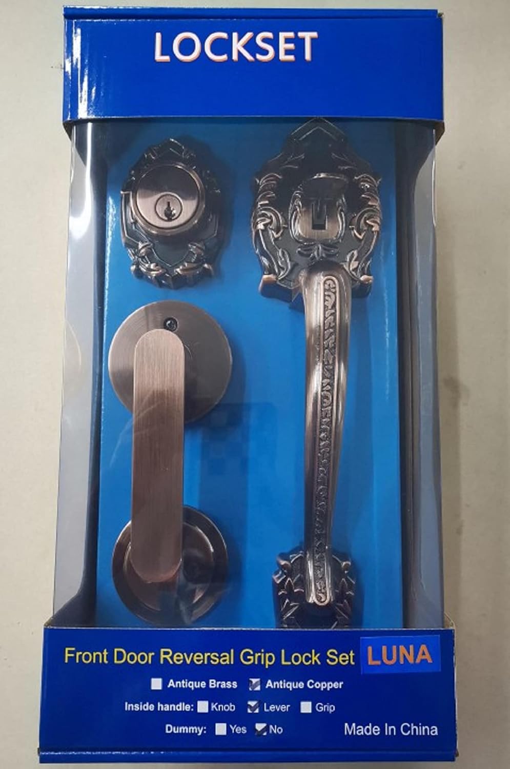 Double Reversal Front Door Hardware Set Luna, Heavy Duty Grip Entry Double Door with Lever Handle Set and deadbolt, European Style, Antique Copper