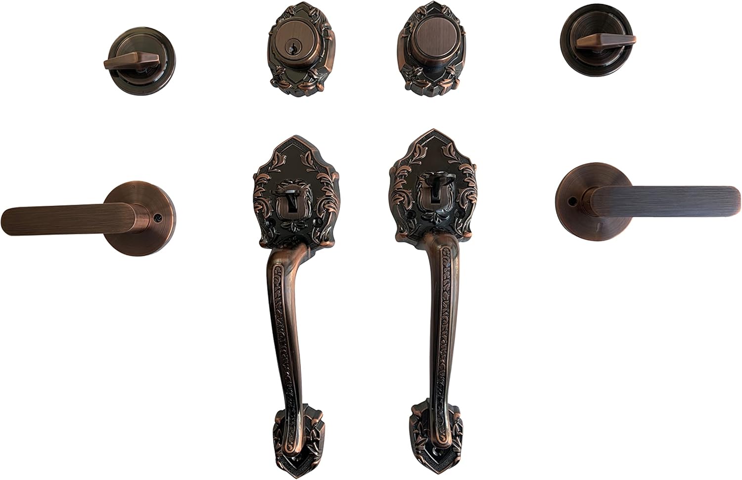 Double Reversal Front Door Hardware Set Luna, Heavy Duty Grip Entry Double Door with Lever Handle Set and deadbolt, European Style, Antique Copper