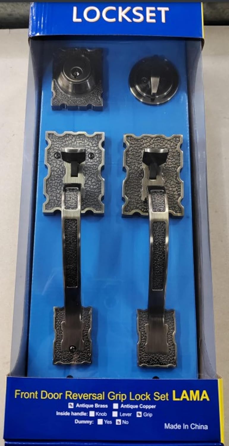 Lama_G Single Front Door Hardware Set, Heavy Duty Reversible Entry Door Hadleset with Exterior and Interior Grip Handles and deadbolt, Antique Brass Finish