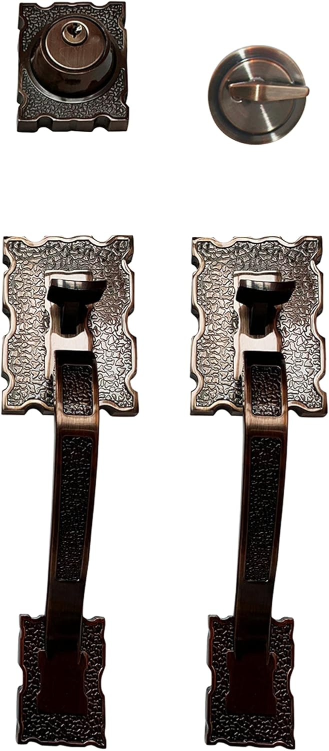 Lama_G Juego de herrajes para puerta delantera simple, juego de cerradura de puerta de entrada de alta resistencia con manijas de agarre exteriores e interiores y cerrojo, cobre antiguo