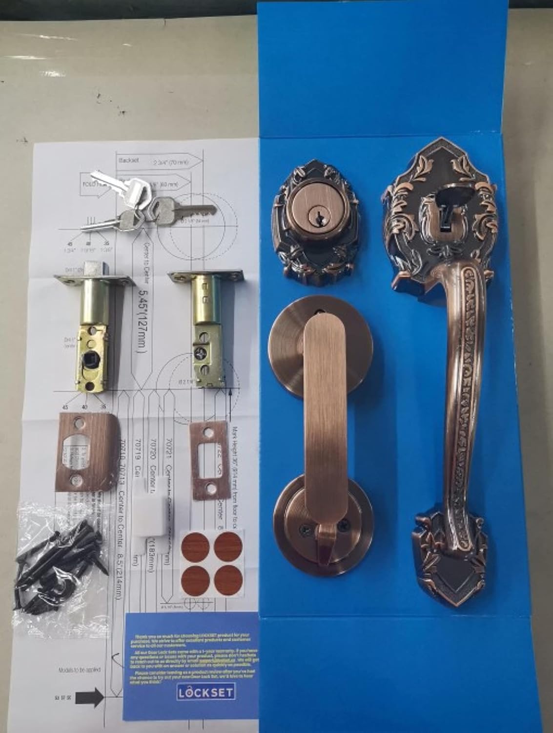 Reversible Front Door Hardware Set Luna with Lever Handle and deadbolt. European Style. Antique Copper.