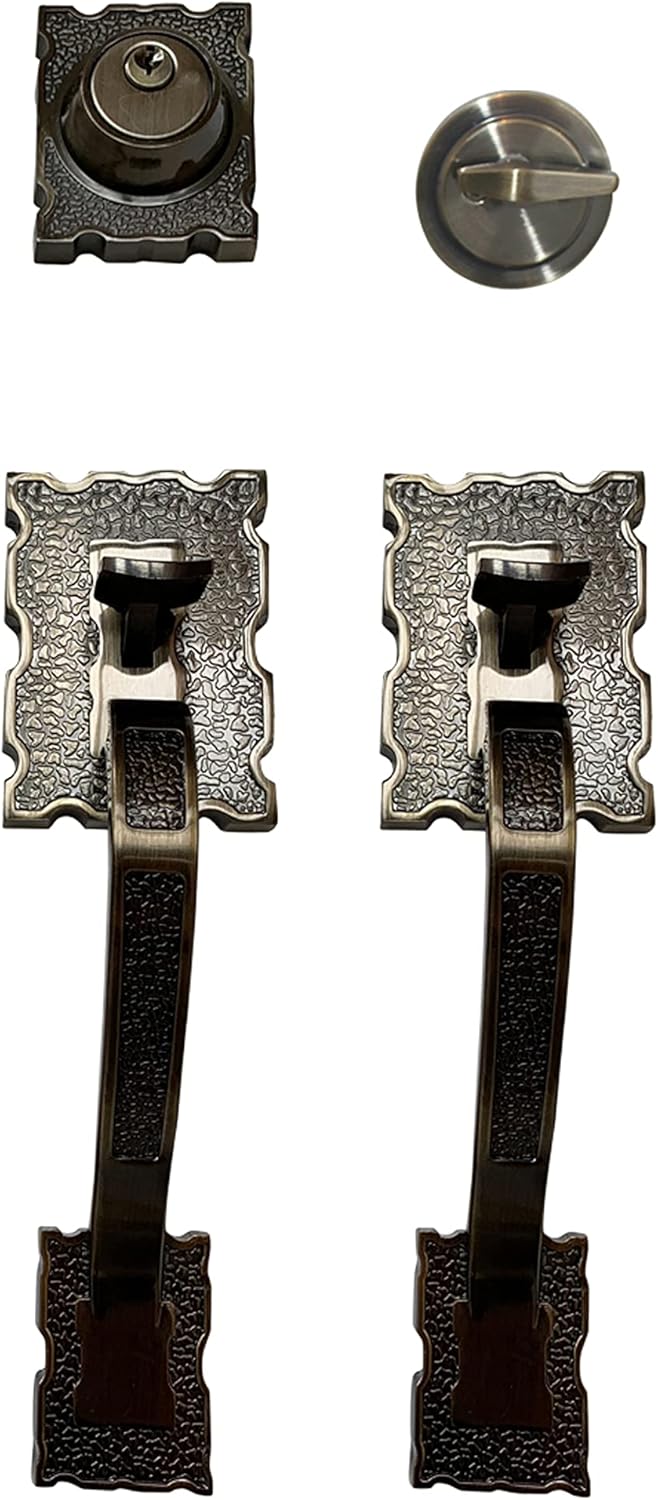 Lama_G Juego de herrajes para puerta delantera simple, manija reversible de alta resistencia para puerta de entrada con manijas de agarre exterior e interior y cerrojo, acabado de latón antiguo