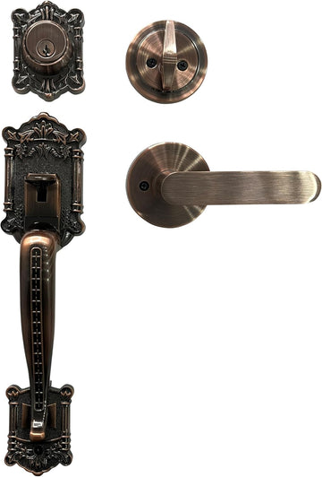Zita Single Front Door Hardware Set, Grip Entry Door Lock Set with Lever Handle and deadbolt, Antique Copper