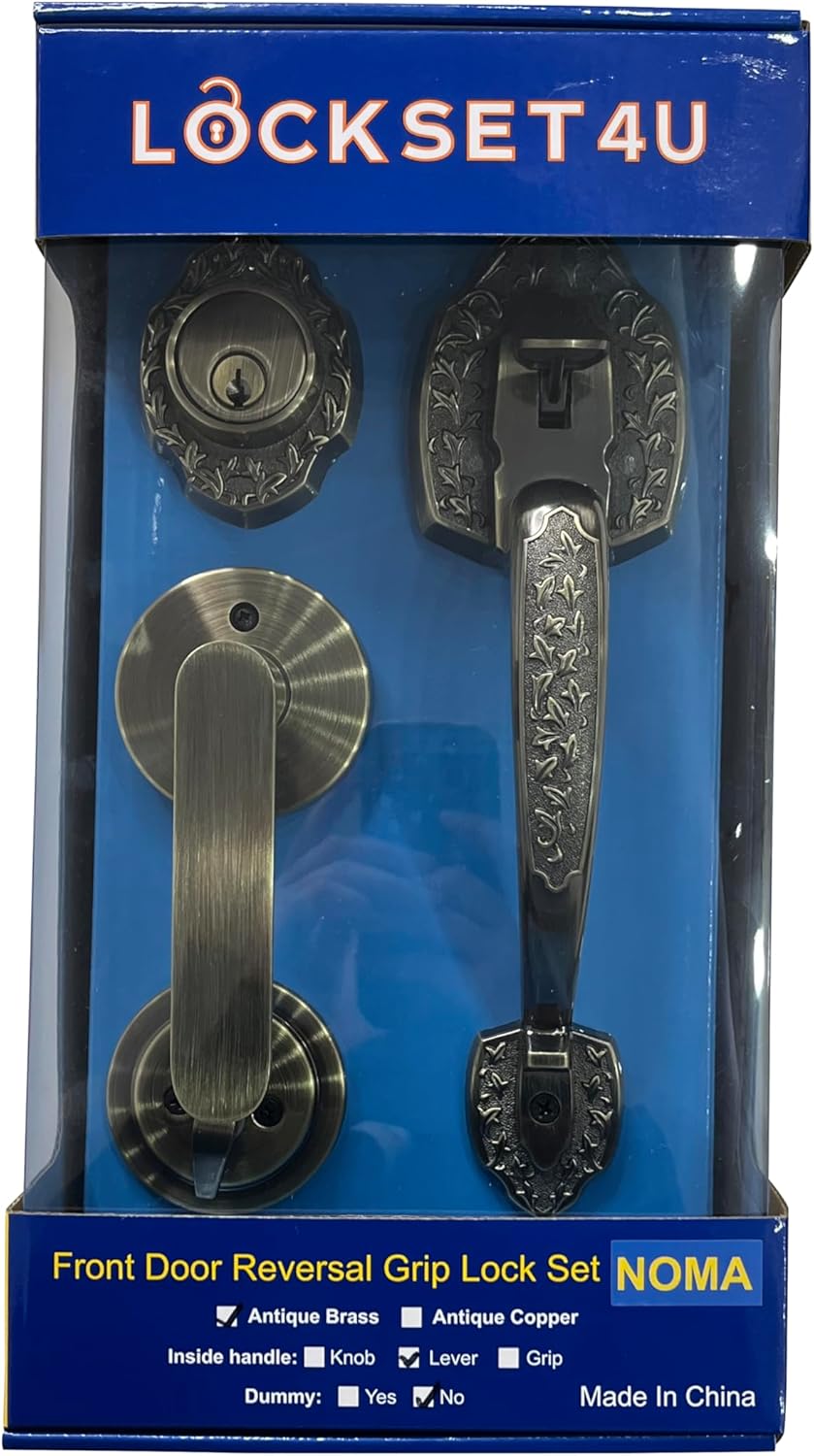 NOMA Single Front Door Hardware Set, Grip Entry Door Lock Set with Lever Handle and deadbolt, Antique Brass