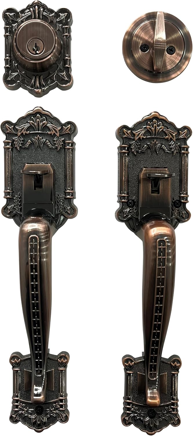 Zita Single Front Door Hardware Set, Grip Entry Door Lock Set with Grip Handle and deadbolt, Antique Copper