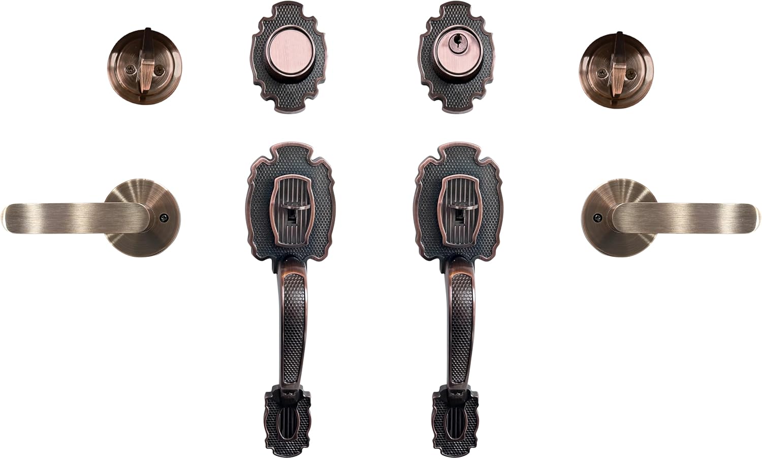 MARA Double Front Door Hardware Set, Grip Entry Door Lock Set with Lever Handle and deadbolt, Antique Copper