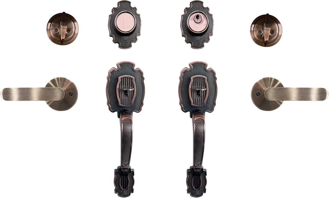 MARA Double Front Door Hardware Set, Grip Entry Door Lock Set with Lever Handle and deadbolt, Antique Copper