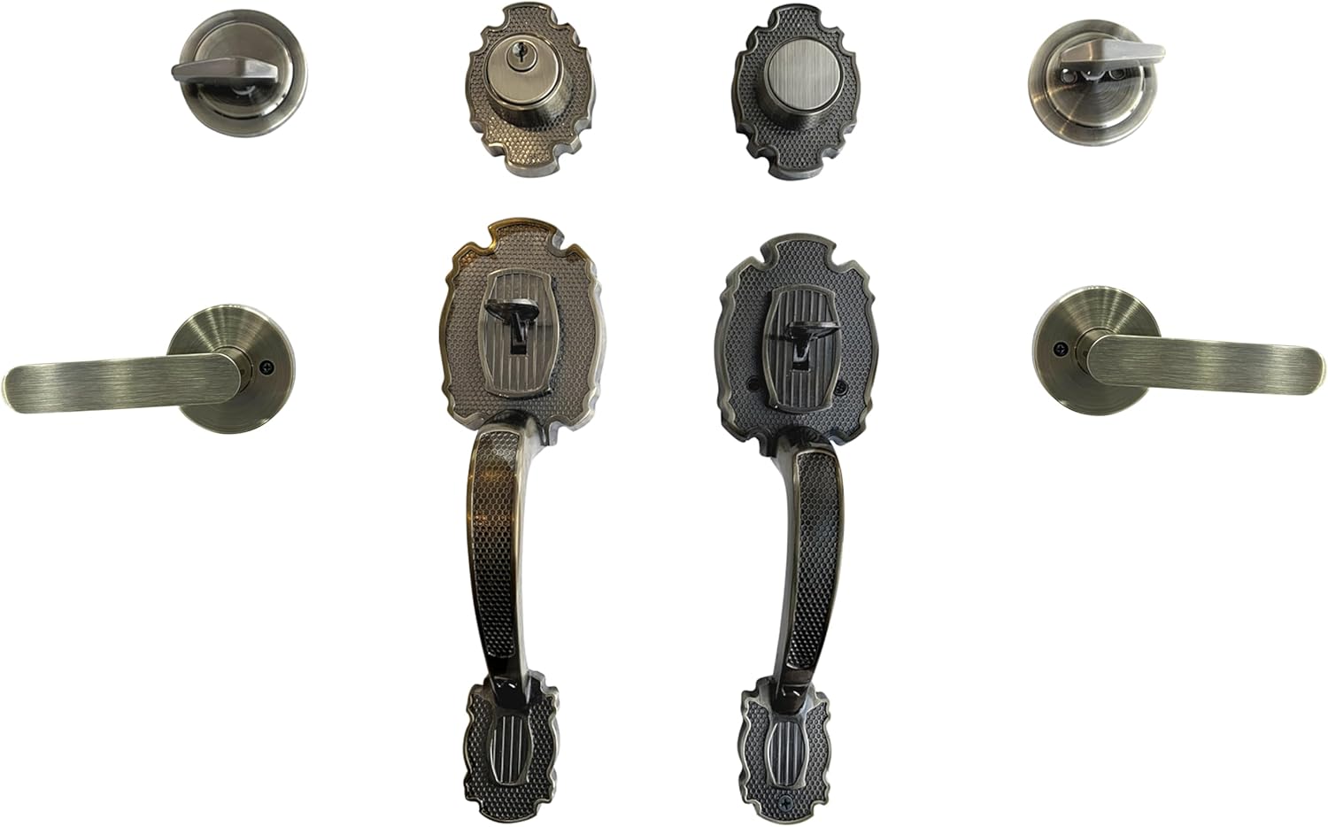 MARA Double Front Door Hardware Set, Grip Entry Door Lock Set with Lever Handle and deadbolt, Antique Brass