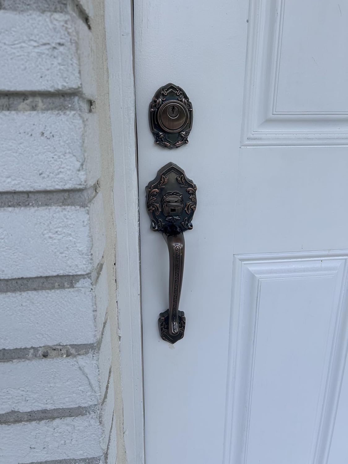 Reversible Front Door Hardware Set Luna with Lever Handle and deadbolt. European Style. Antique Copper.