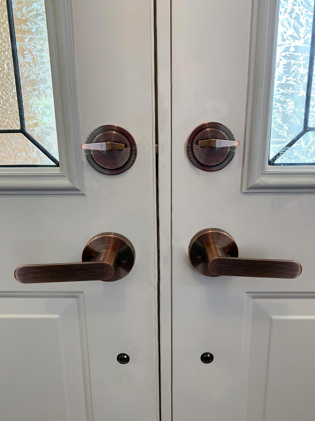 Double Reversal Front Door Hardware Set LAMA, Heavy Duty Grip Entry Double Door with Lever Handle Set and deadbolt, European Style, Antique Copper