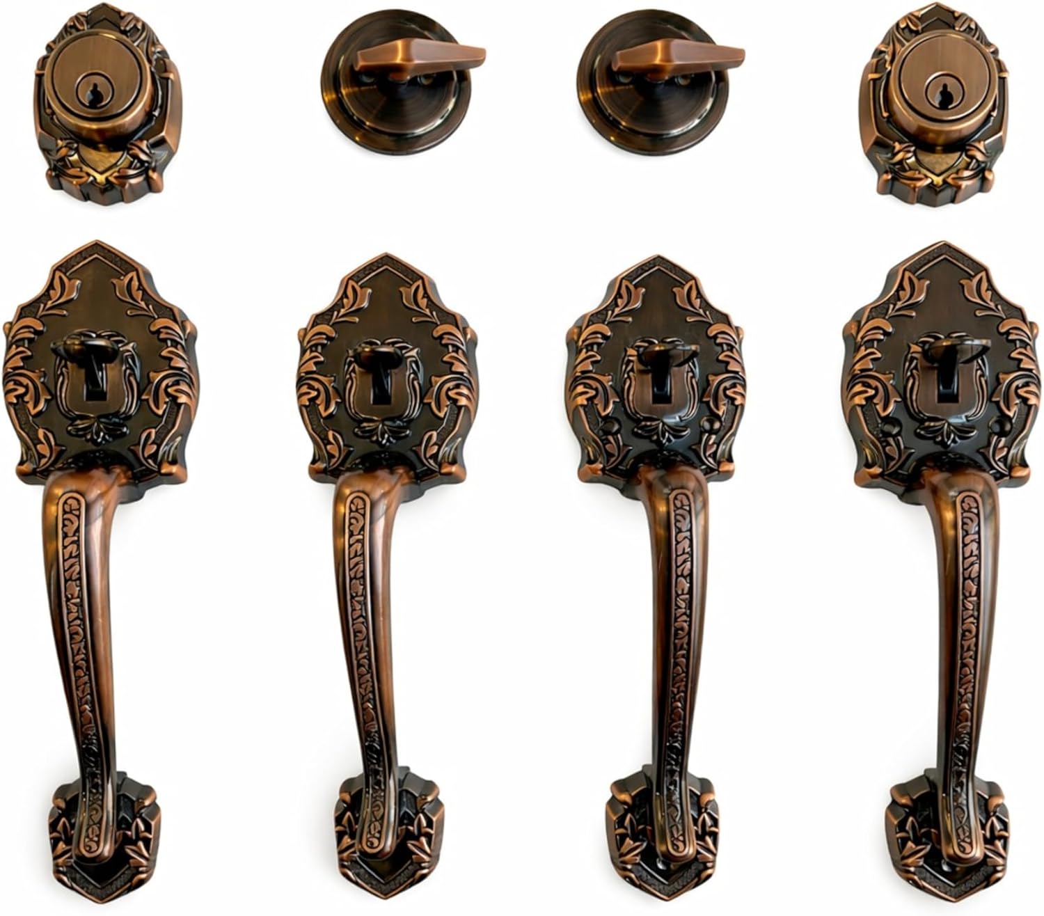 Double Front Door Hardware Set Luna, Heavy Duty Entry Double (Keyed and Dummy) Door Lock Set with Exterior and Interior Grip Handles and deadbolt, Reversible, Antique Copper