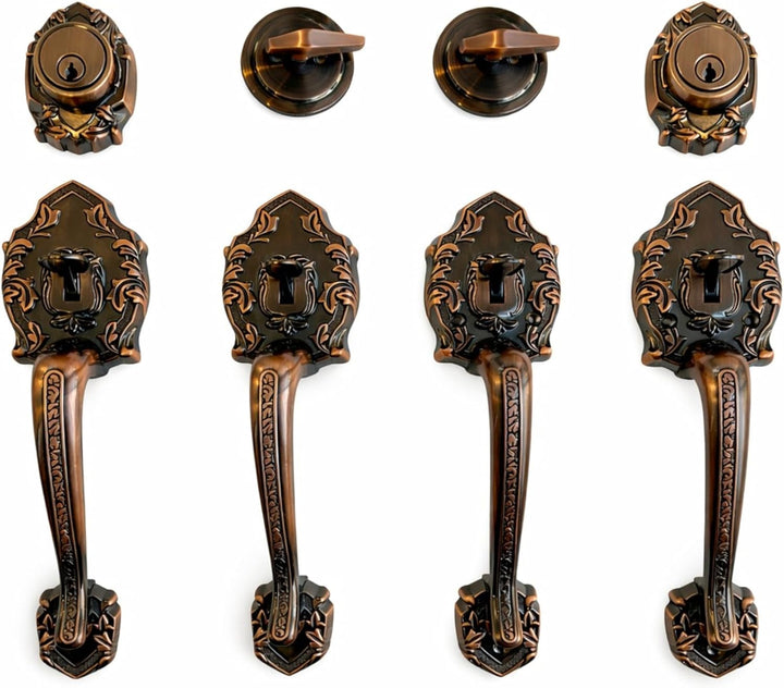 Herraje de doble puerta de entrada Luna, conjunto de cerradura de puerta doble de entrada de alta resistencia (con llave y falsa) con manijas de agarre exteriores e interiores y cerrojo, reversible, cobre antiguo