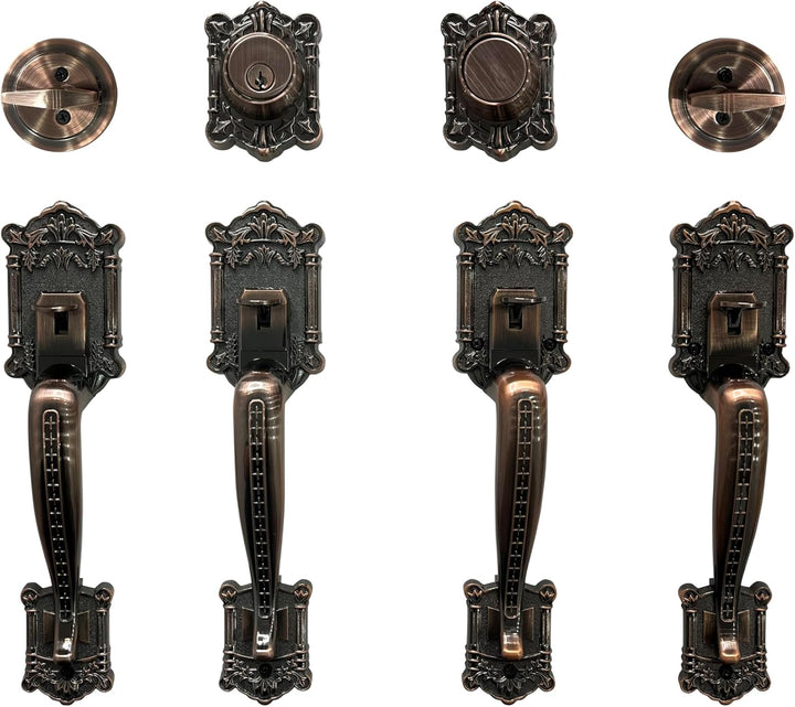 Zita_G Double Front Door Hardware Set, Grip Entry Door Lock Set with Grip Handle and deadbolt, Antique Copper