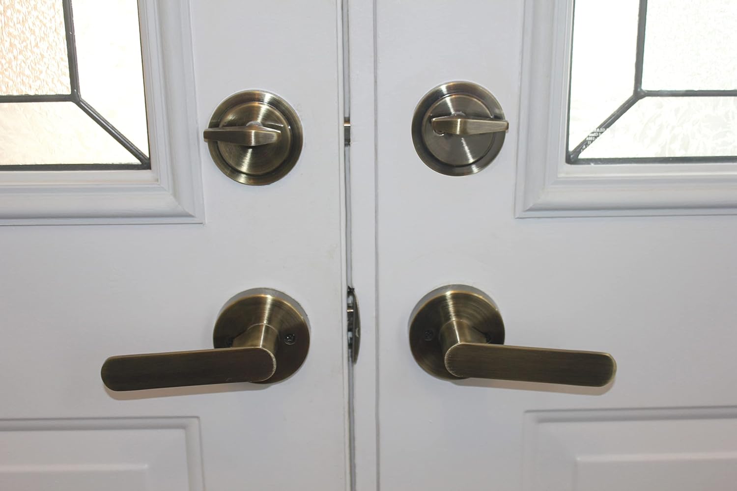 Double Reversal Front Door Hardware Set Luna, Heavy Duty Grip Entry Double Door Lock Set with Lever Handle Set and deadbolt, European Style, Antique Brass