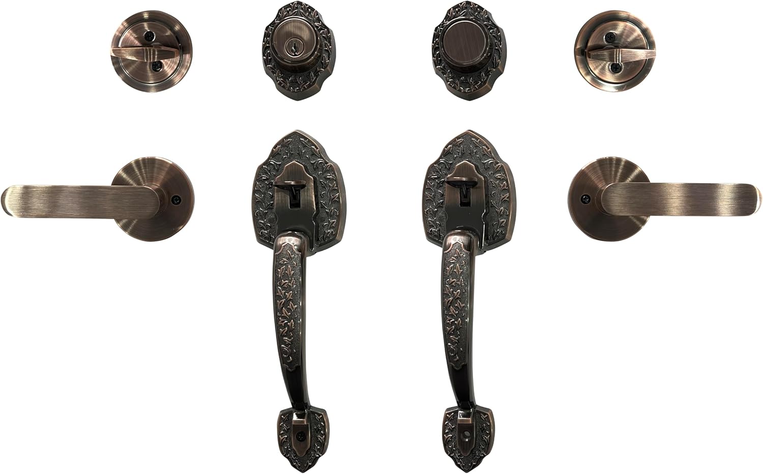 NOMA Double Front Door Hardware Set, Grip Entry Door Lock Set with Lever Handle and deadbolt, Antique Copper