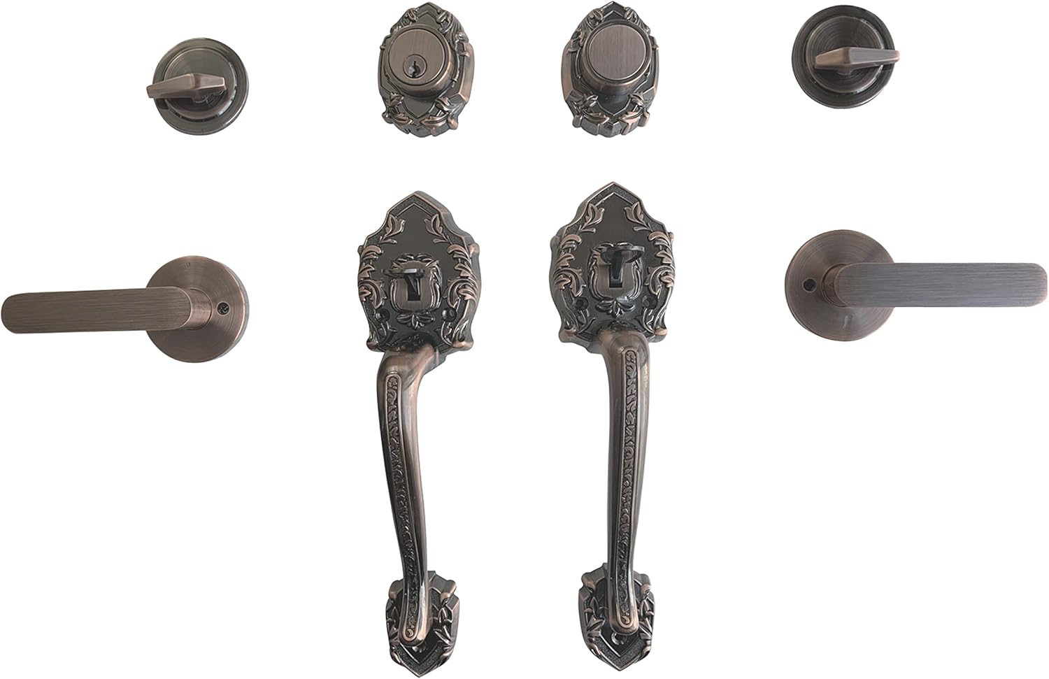 Double Reversal Front Door Hardware Set Luna, Heavy Duty Grip Entry Double Door Lock Set with Lever Handle Set and deadbolt, European Style, Antique Brass