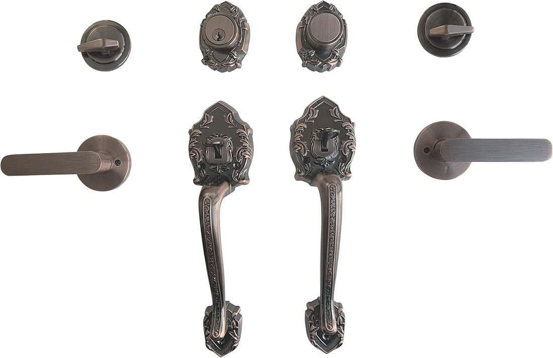 Double Reversal Front Door Hardware Set Luna, Heavy Duty Grip Entry Double Door Lock Set with Lever Handle Set and deadbolt, European Style, Antique Brass