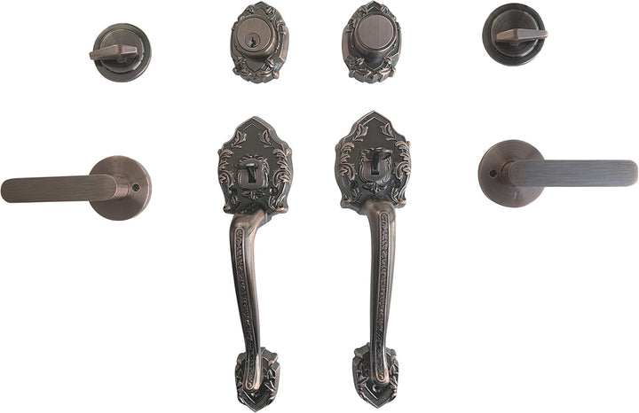 Juego de herrajes para puertas de doble entrada Luna de doble inversión, juego de cerradura de puerta doble de entrada de alta resistencia con juego de manijas de palanca y cerrojo, estilo europeo, latón antiguo