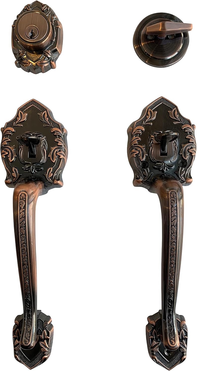 Single Reversal Front Door Hardware Set Luna, Heavy Duty Grip Entry Single Door Lock Set with Grip Handle and deadbolt, Antique Copper