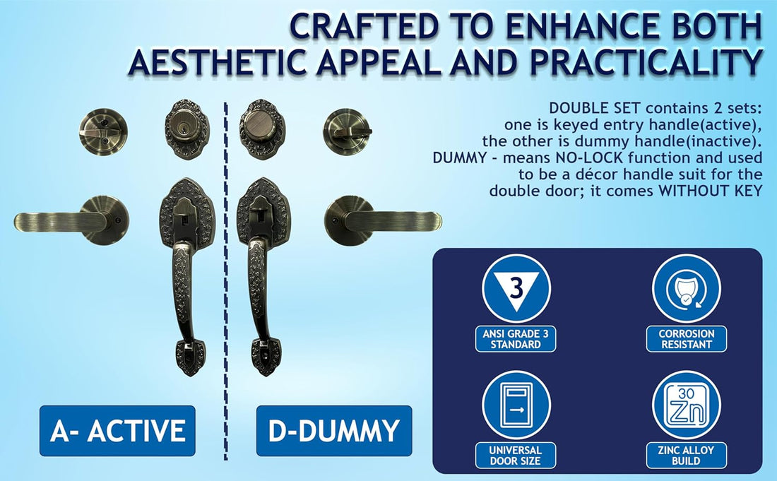 NOMA Double Front Door Hardware Set, Grip Entry Door Lock Set with Lever Handle and deadbolt, Antique Brass
