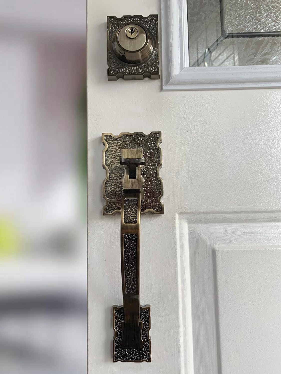Lama_G Single Front Door Hardware Set, Heavy Duty Reversible Entry Door Hadleset with Exterior and Interior Grip Handles and deadbolt, Antique Brass Finish