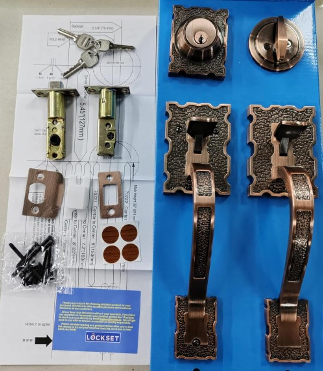 Lama_G Single Front Door Hardware Set, Heavy Duty Entry Door Lock Set with Exterior and Interior Grip Handles and deadbolt, Antique Copper