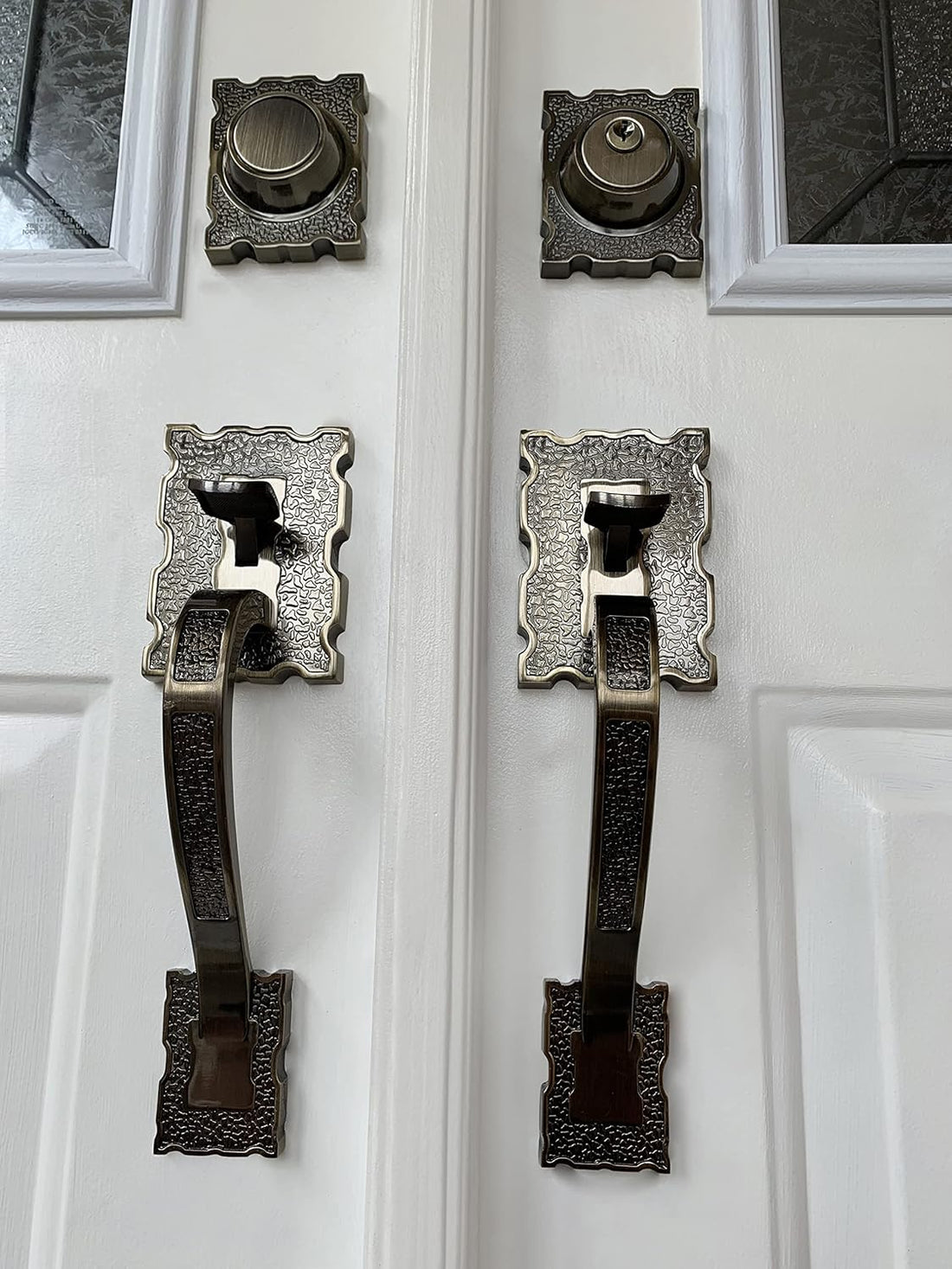 Double Reversal Front Door Hardware Set LAMA, Heavy Duty Grip Entry Double Door with Lever Handle Set and deadbolt, European Style, Antique Brass