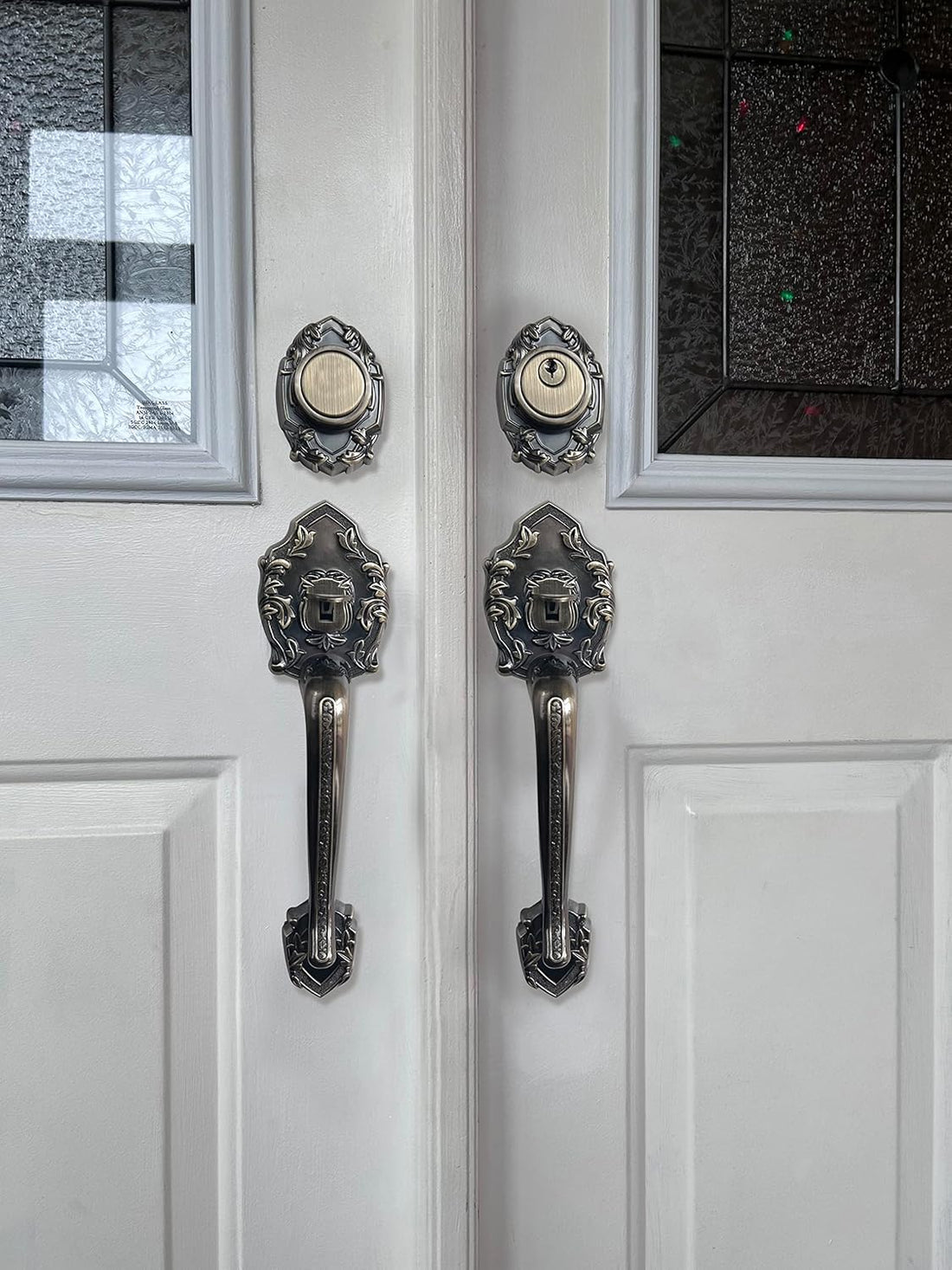 Double Reversal Front Door Hardware Set Luna, Heavy Duty Grip Entry Double Door Lock Set with Lever Handle Set and deadbolt, European Style, Antique Brass