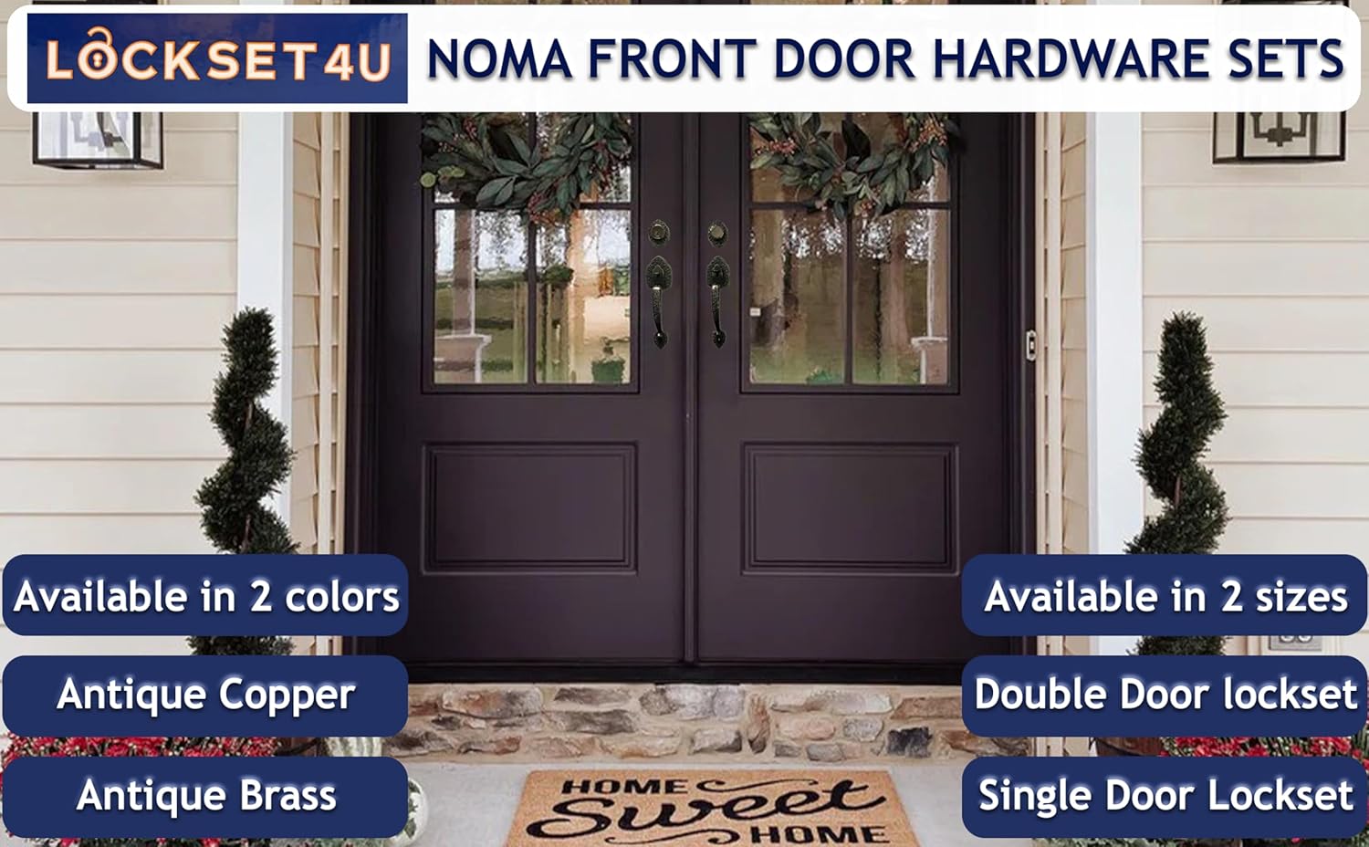 NOMA Double Front Door Hardware Set, Grip Entry Door Lock Set with Lever Handle and deadbolt, Antique Copper