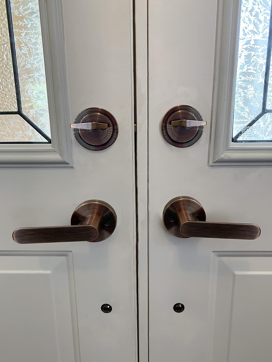 Double Reversal Front Door Hardware Set Luna, Heavy Duty Grip Entry Double Door with Lever Handle Set and deadbolt, European Style, Antique Copper
